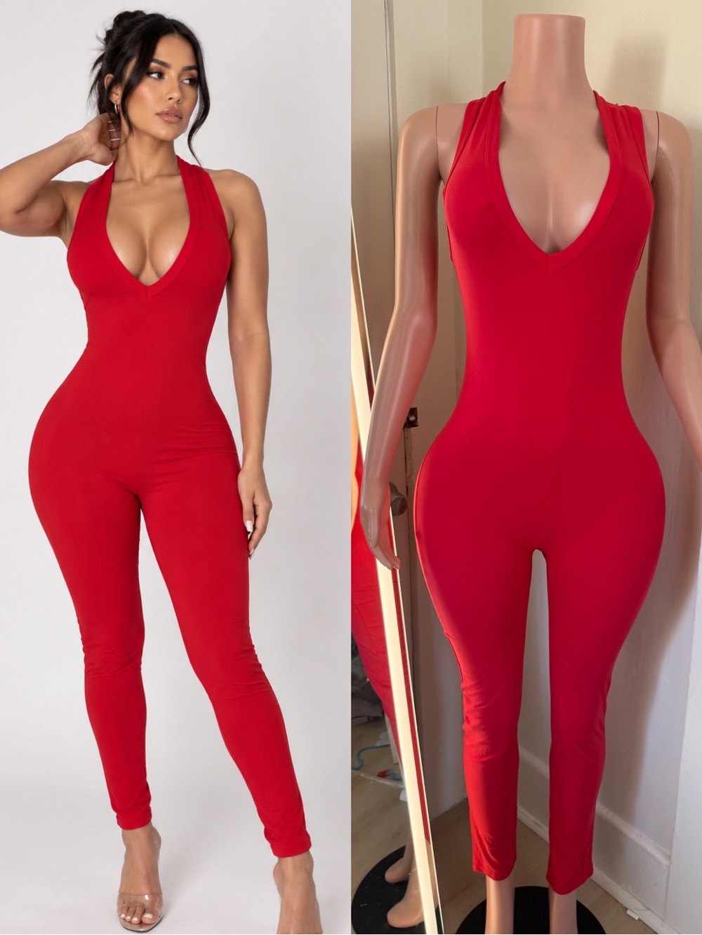 Red V-Neck Sleeveless Jumpsuit